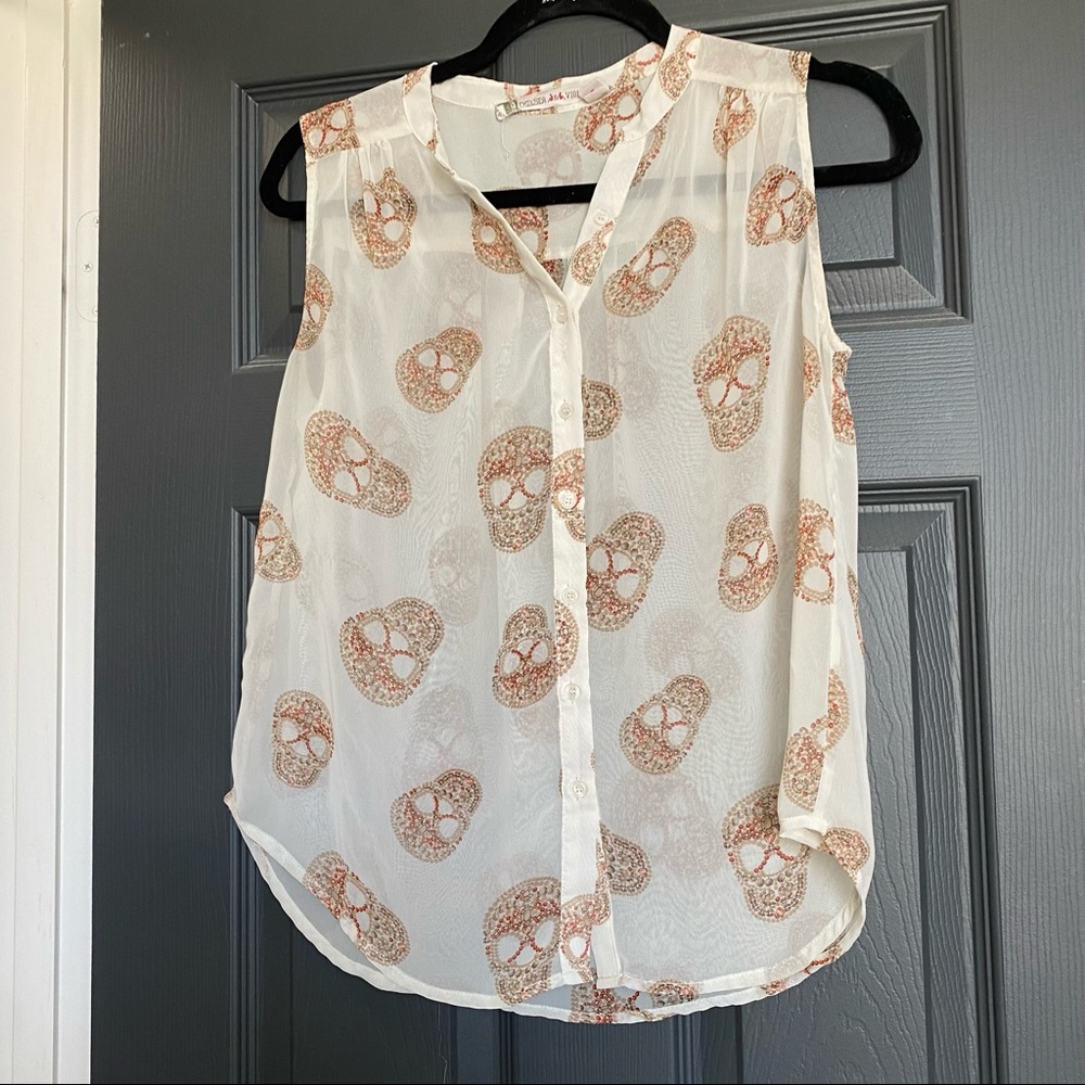 Chelsea & Violet Sheer Sugar Skull button down Top